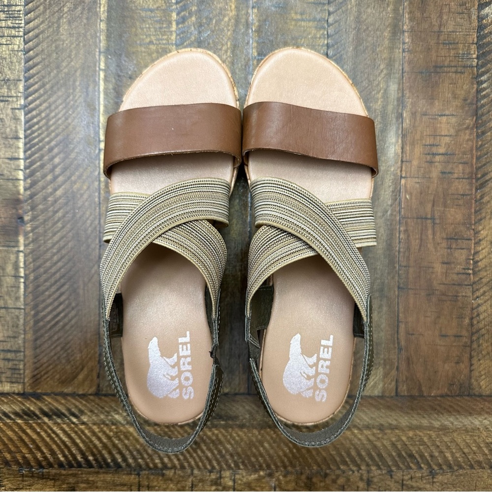 Sorel Cameron Flatform Slingback Sandal - Size 8 - Tan/Olive Green - Picture 7 of 11
